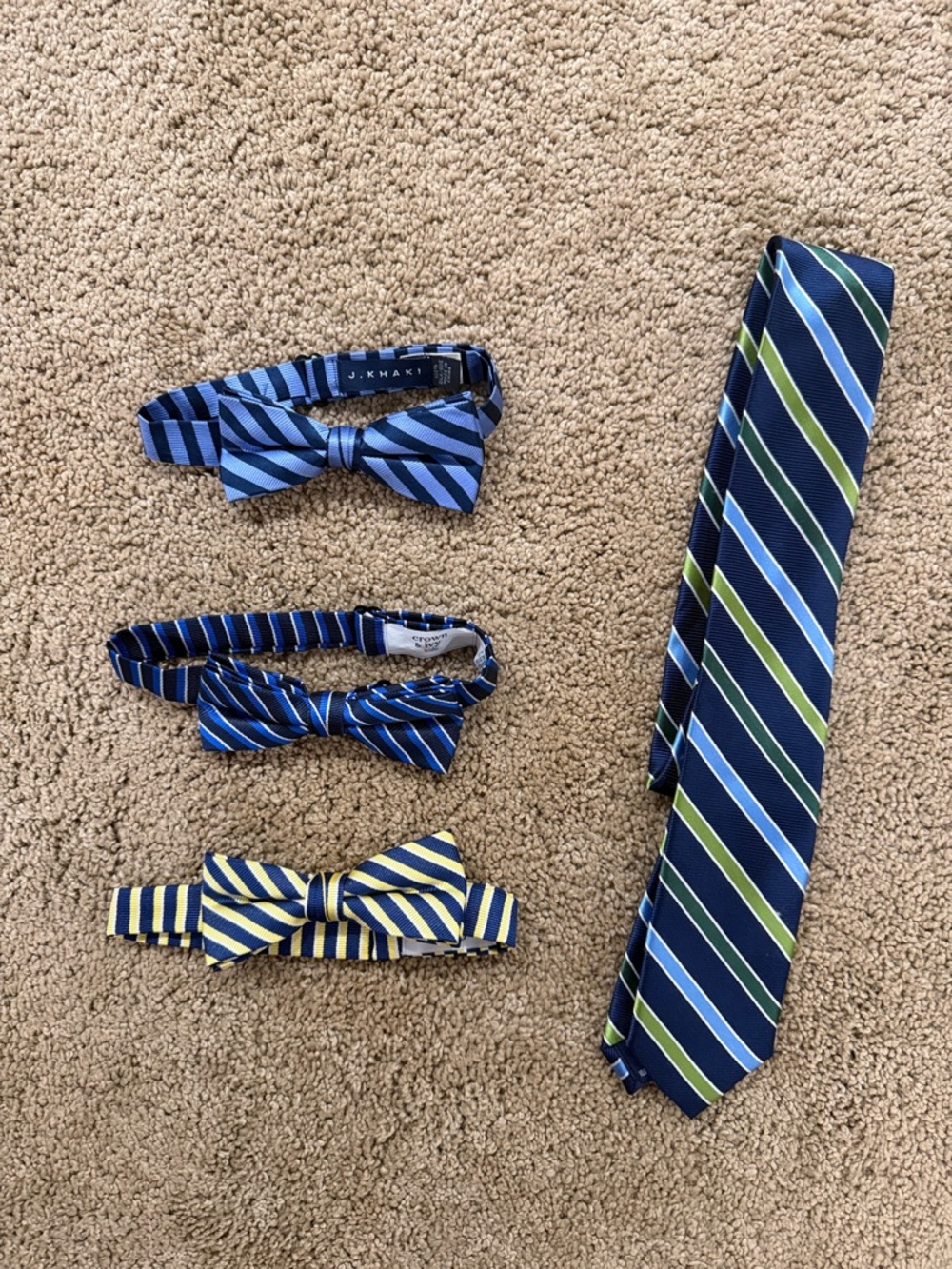 J. Khaki Navy, Light Blue & Green Striped Tie and Three Coordinating Bow Ties